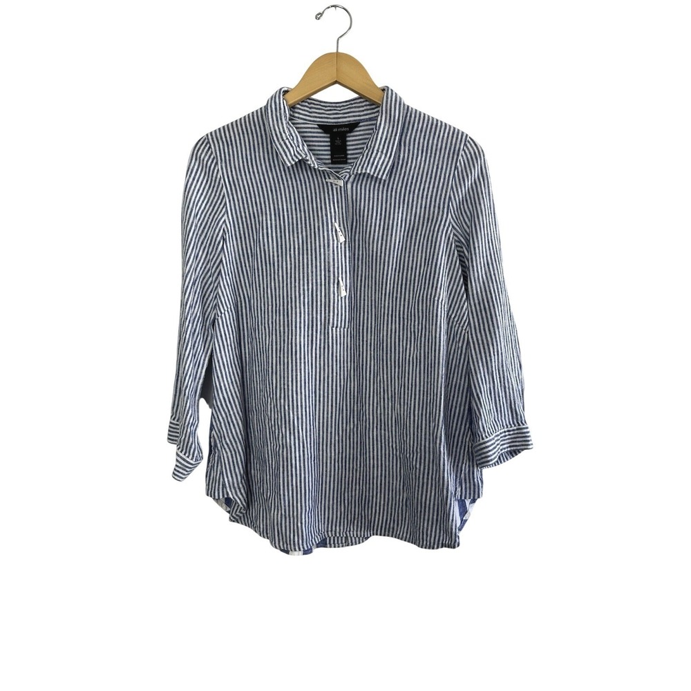 Ali Miles Lagenlook Top Womens S Linen Rayon Button Up Tunic Blue White Striped